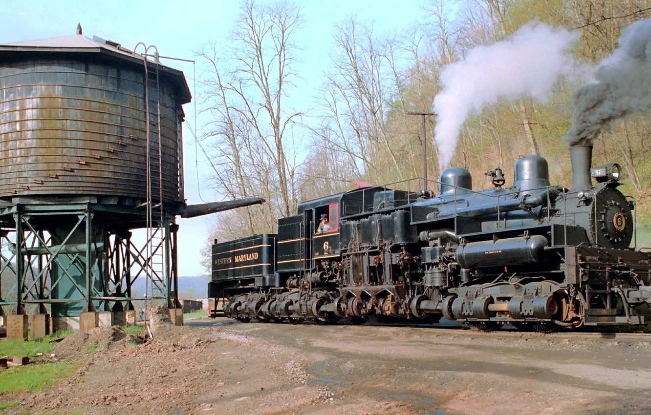 Фото обои дым, паровоз, пар, Вирджиния, железная дорога, Шай № 6, заправка водой, Западный Мэриленд
