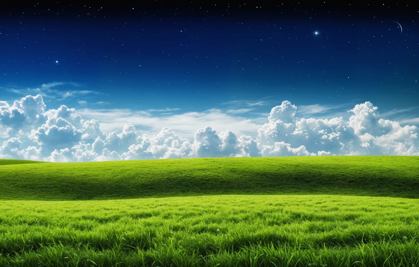 Фото обои green, grass, field, landscape, blue, clouds, stars, sunlight