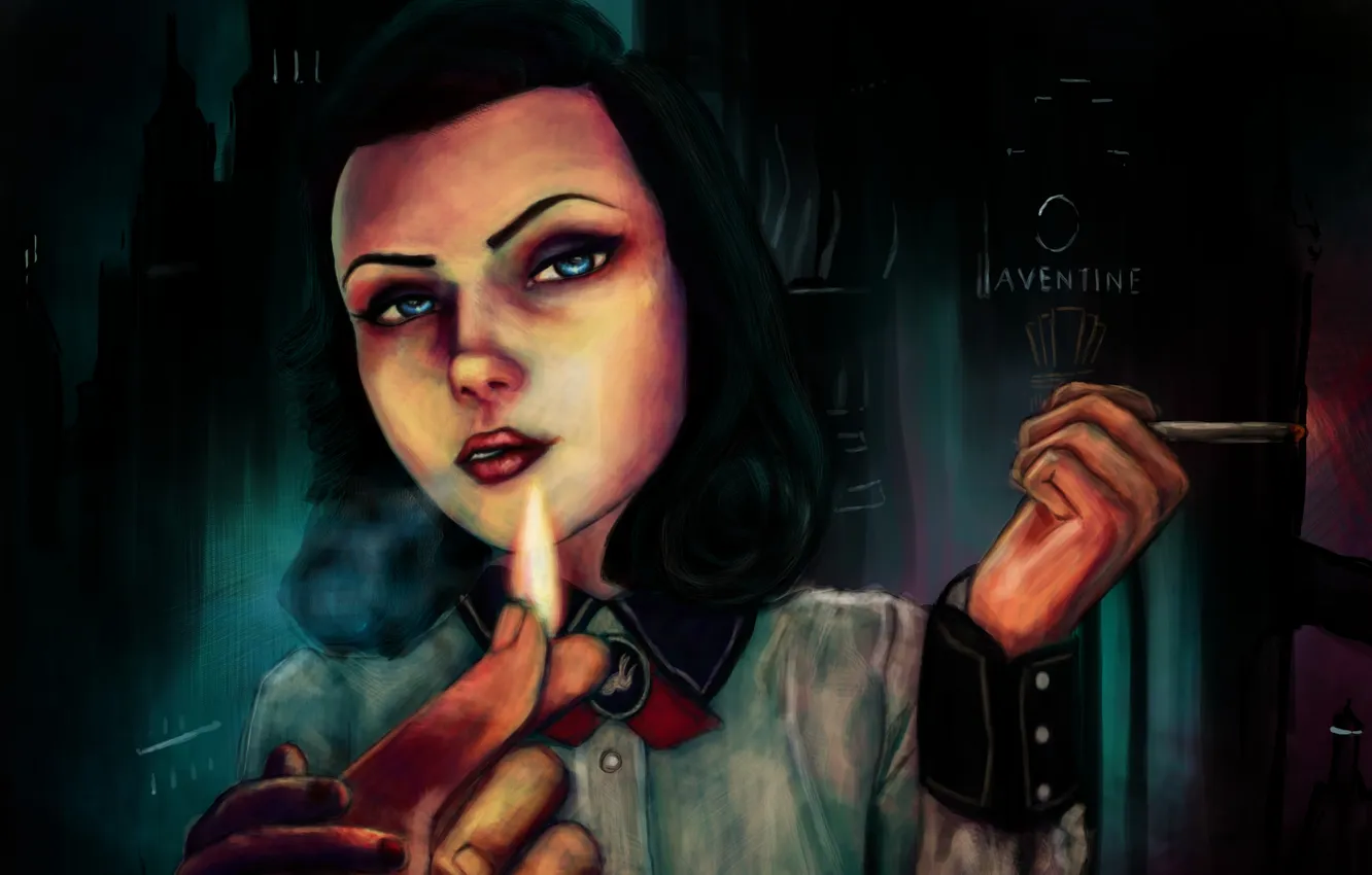 Фото обои взгляд, девушка, огонь, пальцы, rapture, сигареты, dlc, BioShock Infinite