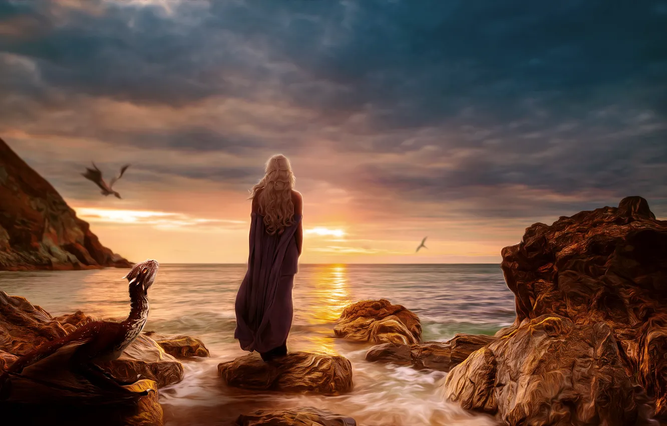 Фото обои девушка, полет, закат, камни, драконы, игра престолов, game of thrones, Daenerys Targaryen