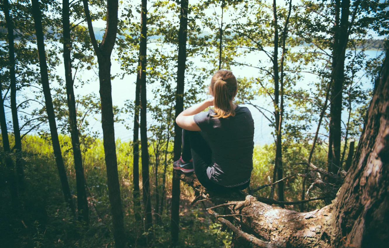 Фото обои лес, девушка, деревья, пейзаж, природа, корни, река, обрыв
