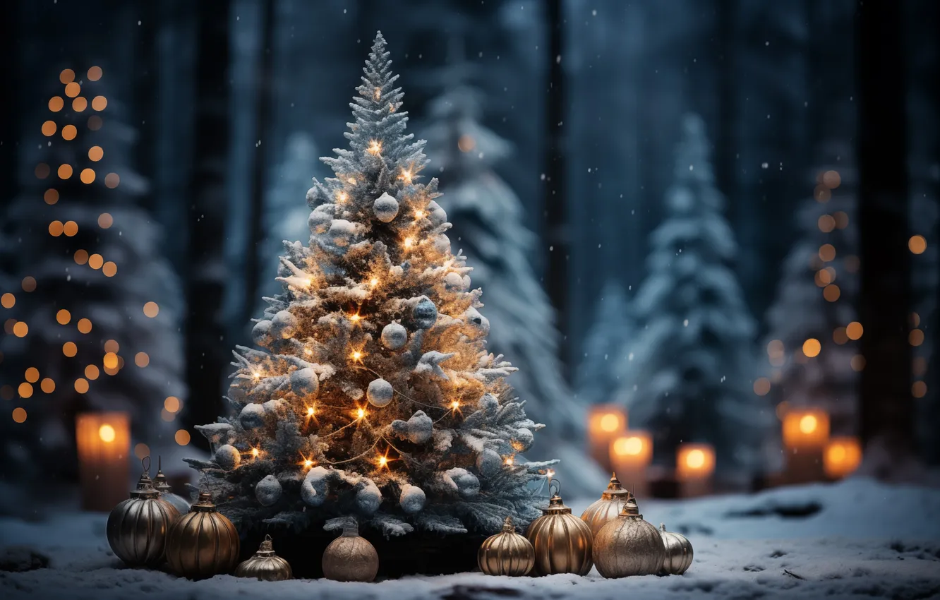 Фото обои зима, снег, ночь, елка, Рождество, Новый год, Christmas, night