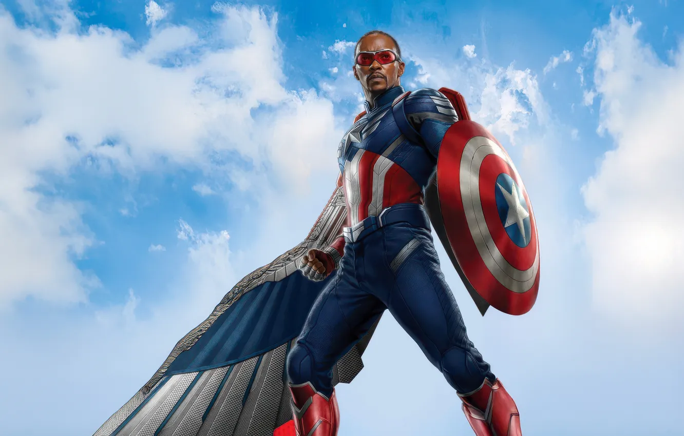 Фото обои небо, костюм, щит, постер, комикс, MARVEL, Anthony Mackie, Энтони Маки