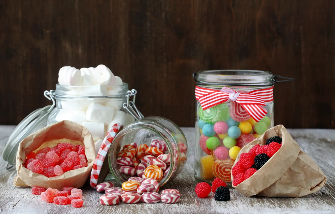 Фото обои конфеты, баночки, сладости, леденцы, сахар, мармелад, пакетики, маршмэллоу
