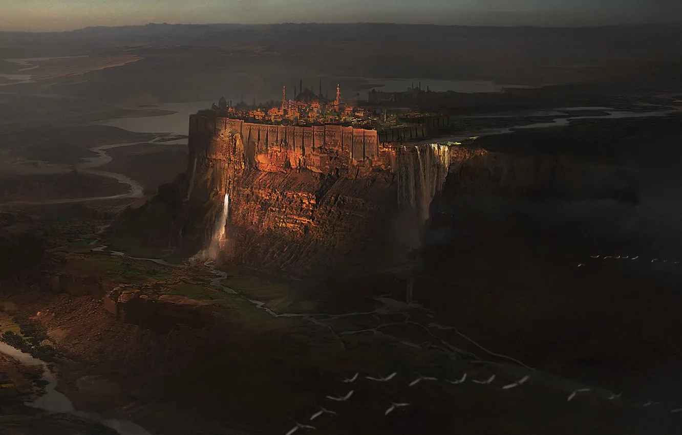 Фото обои замок, водопад, фэнтези, арт, citadel, Иллюстрация, окружение, Morgan Yon