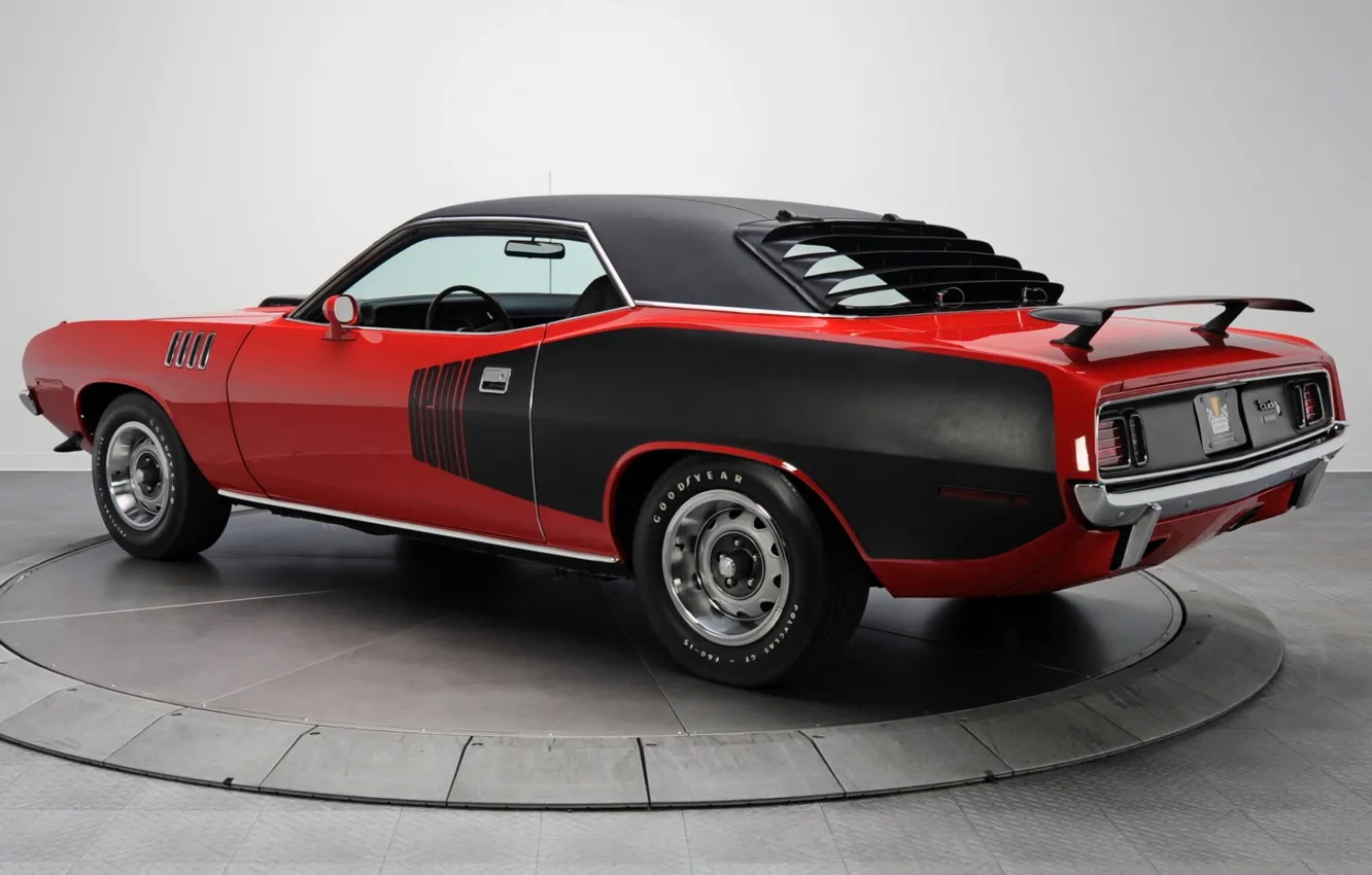 Фото обои красный, фон, купе, 1971, вид сзади, Plymouth, Muscle car, Cuda