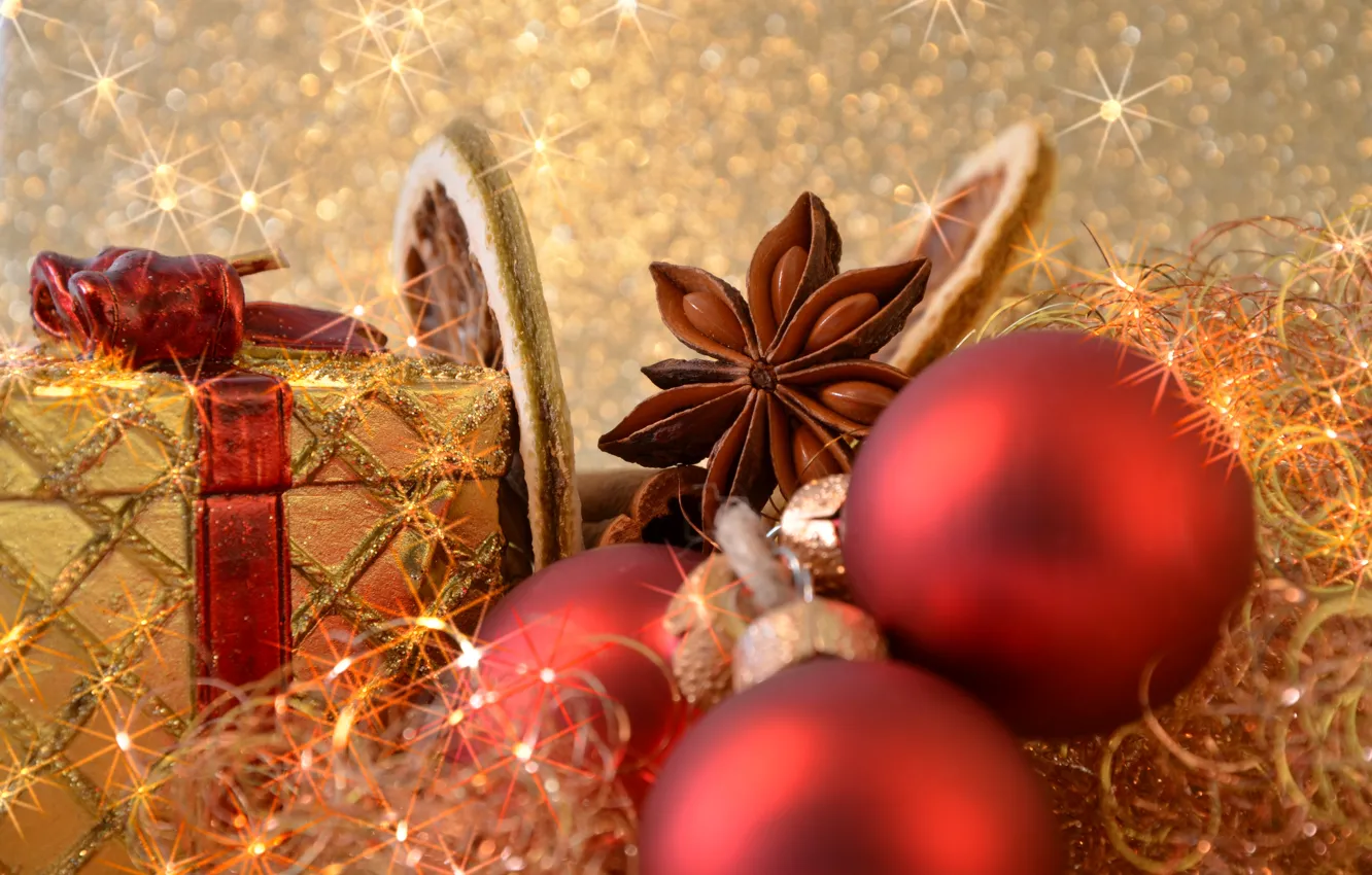 Фото обои шарики, золото, шары, игрушки, блеск, Новый Год, Рождество, подарки