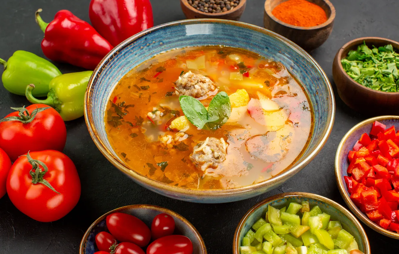 Фото обои fresh, soup, meat, vegetables, tasty