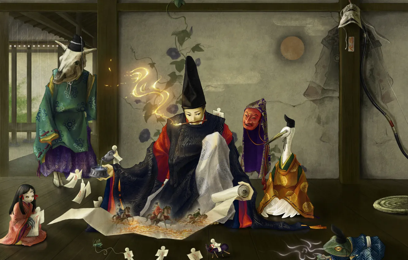 Фото обои дом, аниме, маска, арт, мужчина, кисть, свиток, nurarihyon no mago