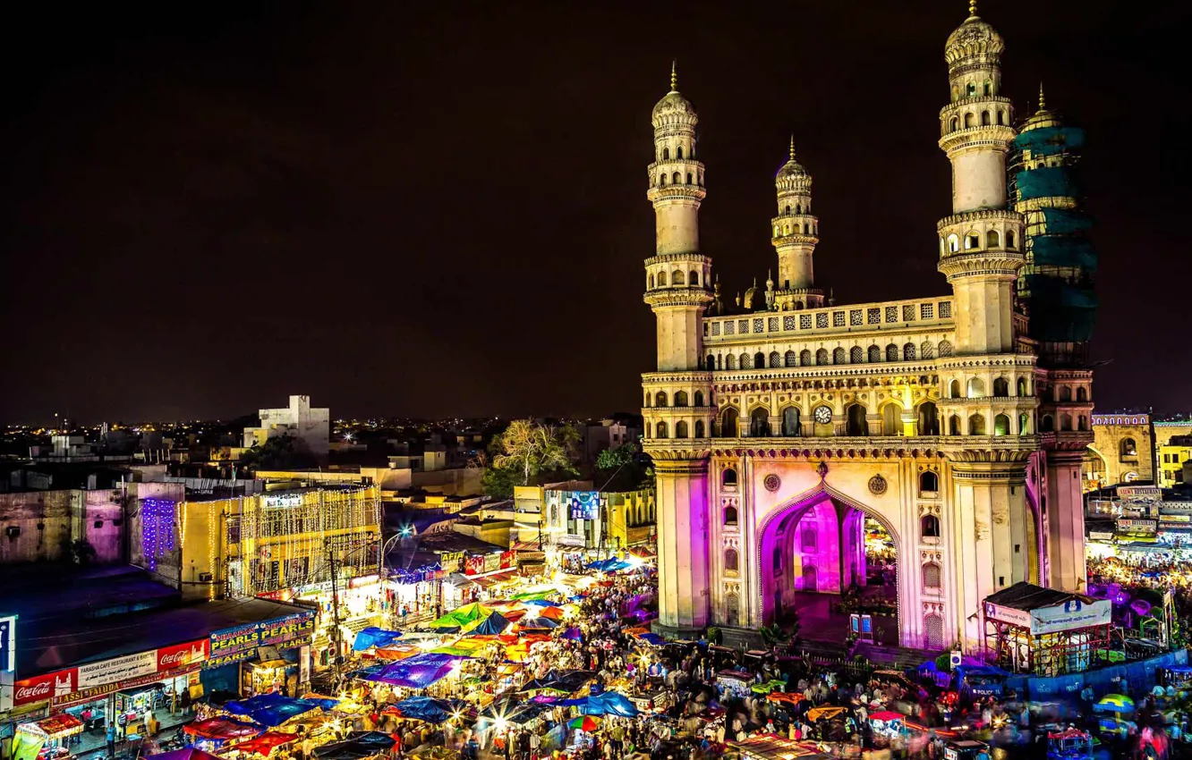 Фото обои ночь, огни, Индия, рынок, базар, Хайдарабад, Чарминар