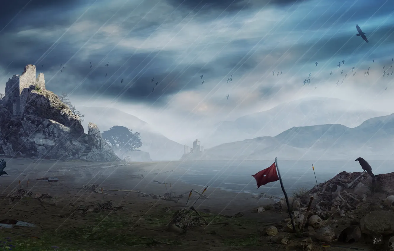 Фото обои птица, флаг, скелет, руины, Death Zone