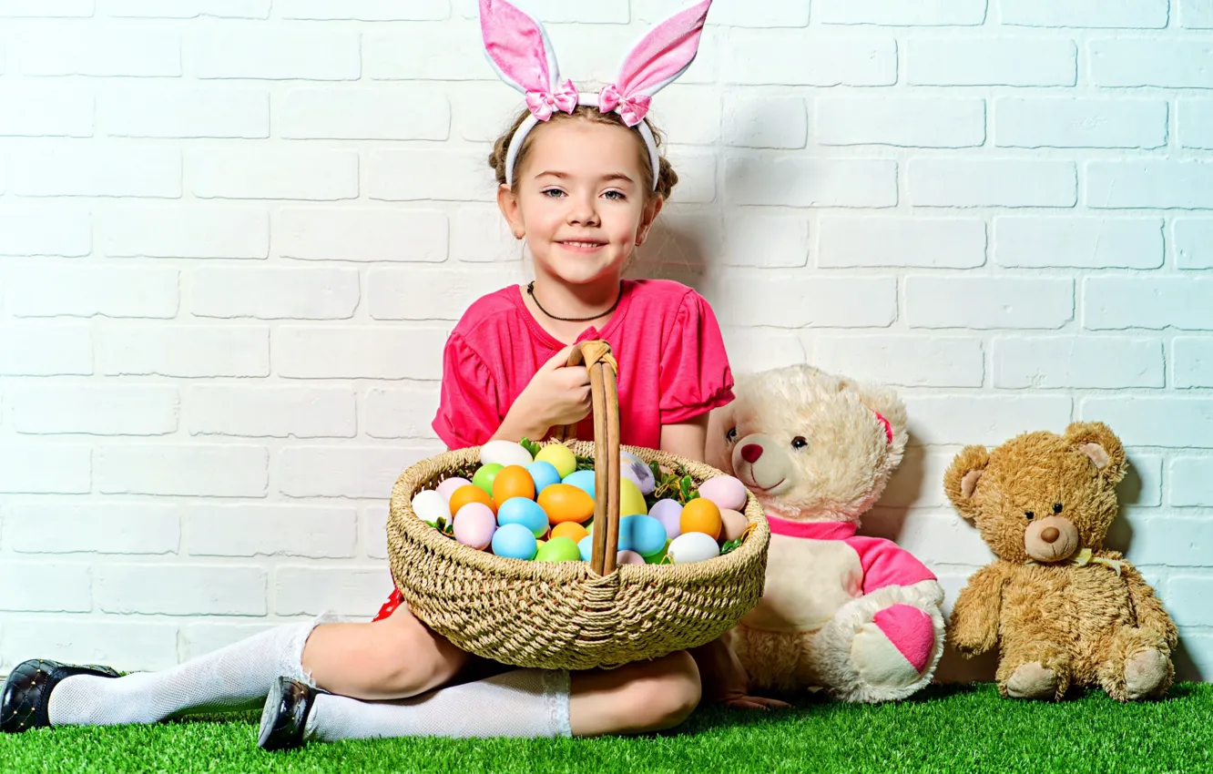 Фото обои яйца, пасха, девочка, корзинка