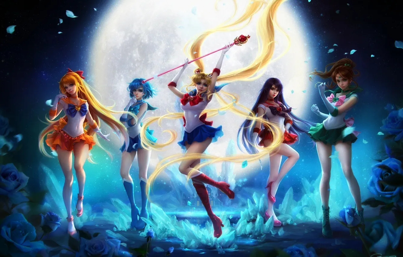 Фото обои Sailor Moon, mythology, illustration, entertainment, stage, performance, Sailor Mars, Sailor Jupiter