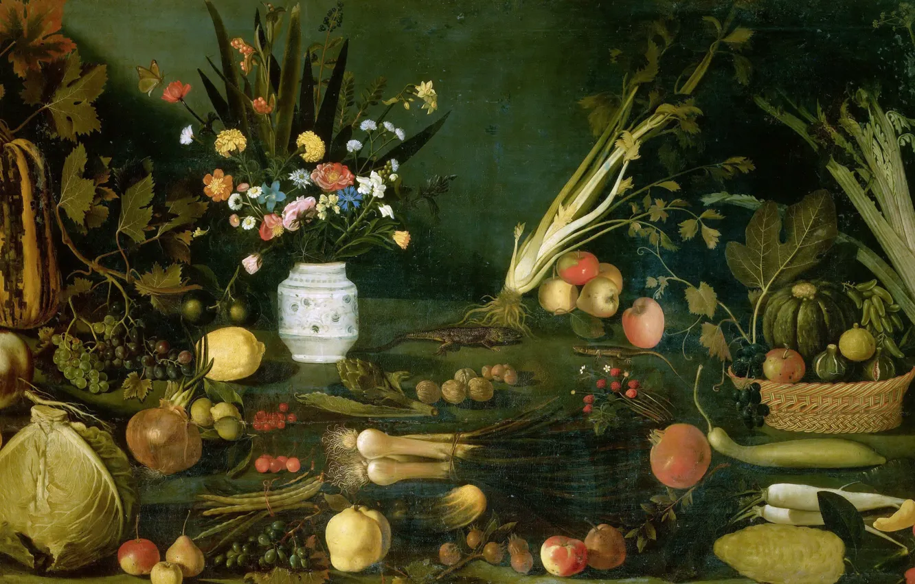 Фото обои картина, Микеланджело Меризи да Караваджо, Натюрморт с Цветами Овощами и Фруктами