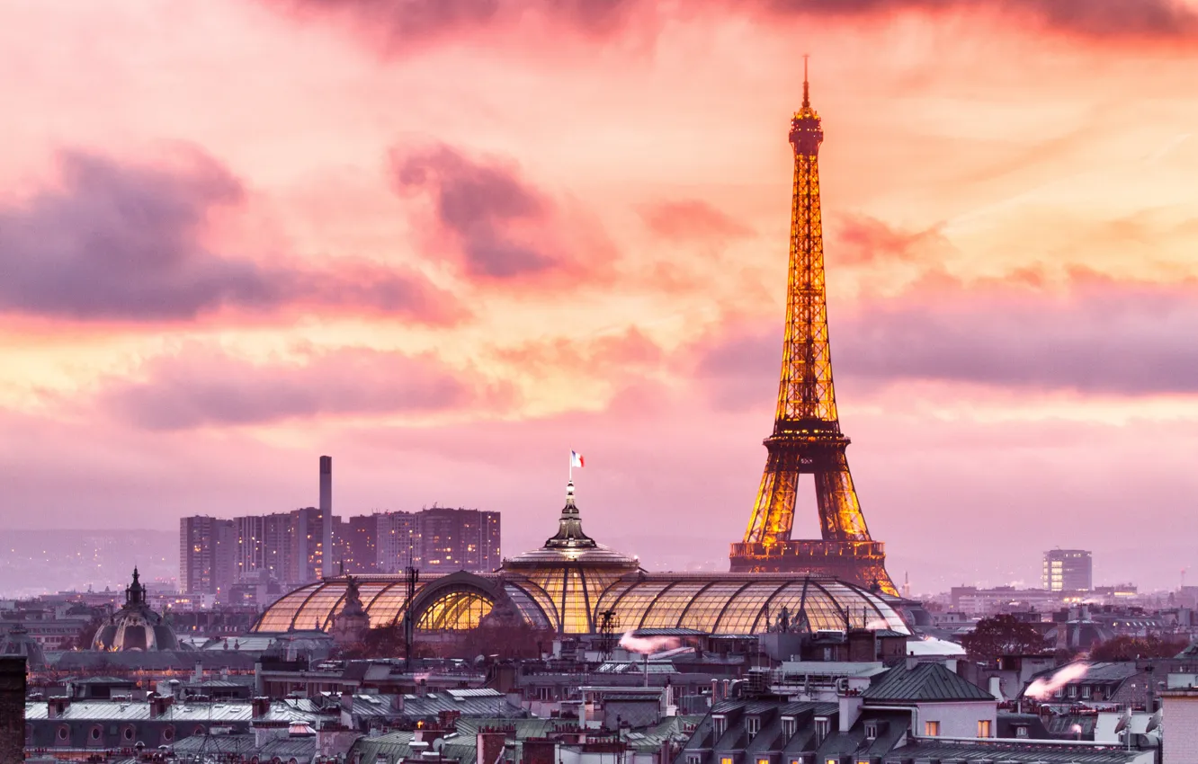 Фото обои закат, Франция, Париж, здания, дома, крыши, Эйфелева башня, Paris