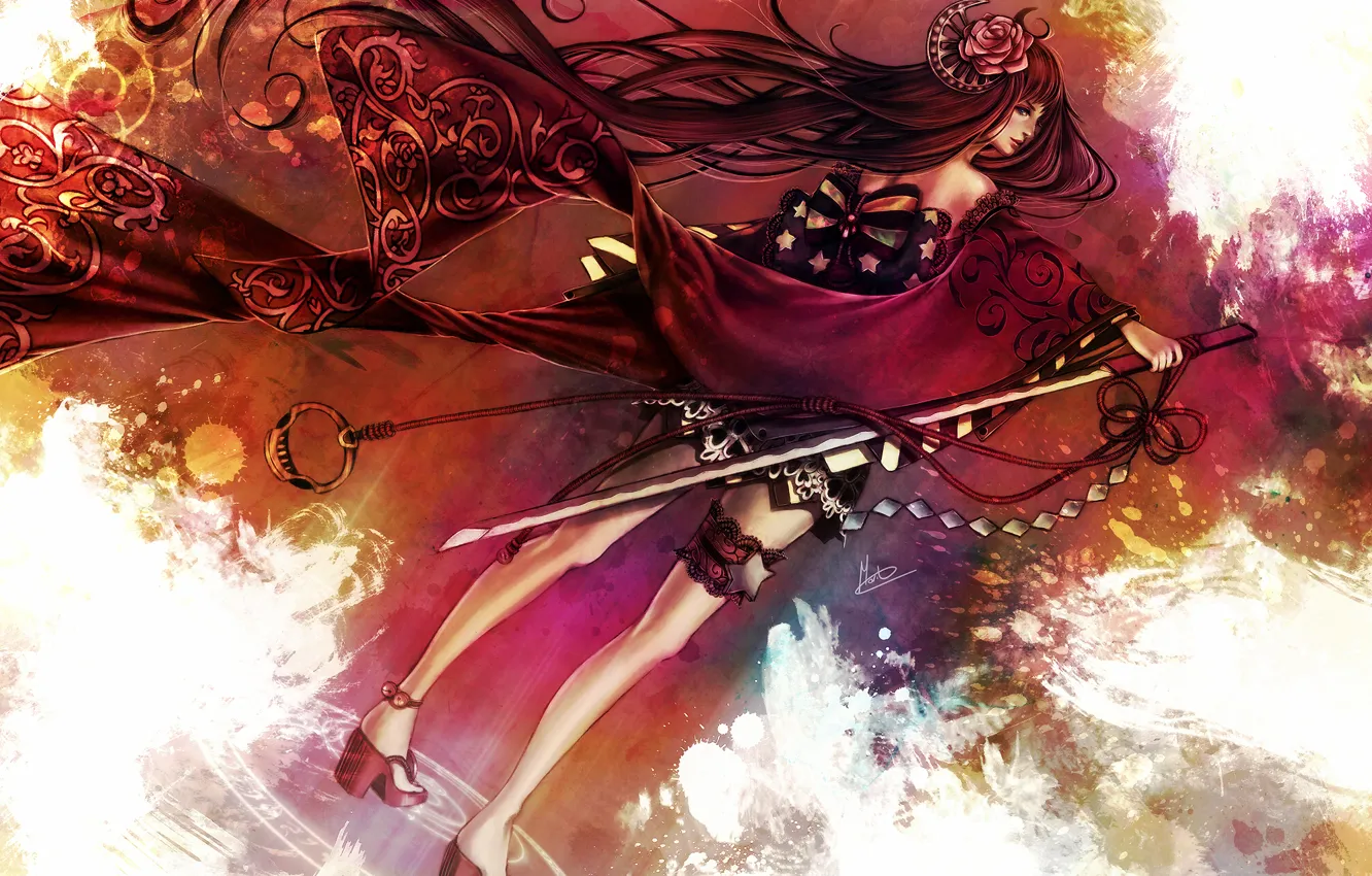 Фото обои цветок, девушка, роза, меч, катана, кимоно, бант, подвязка