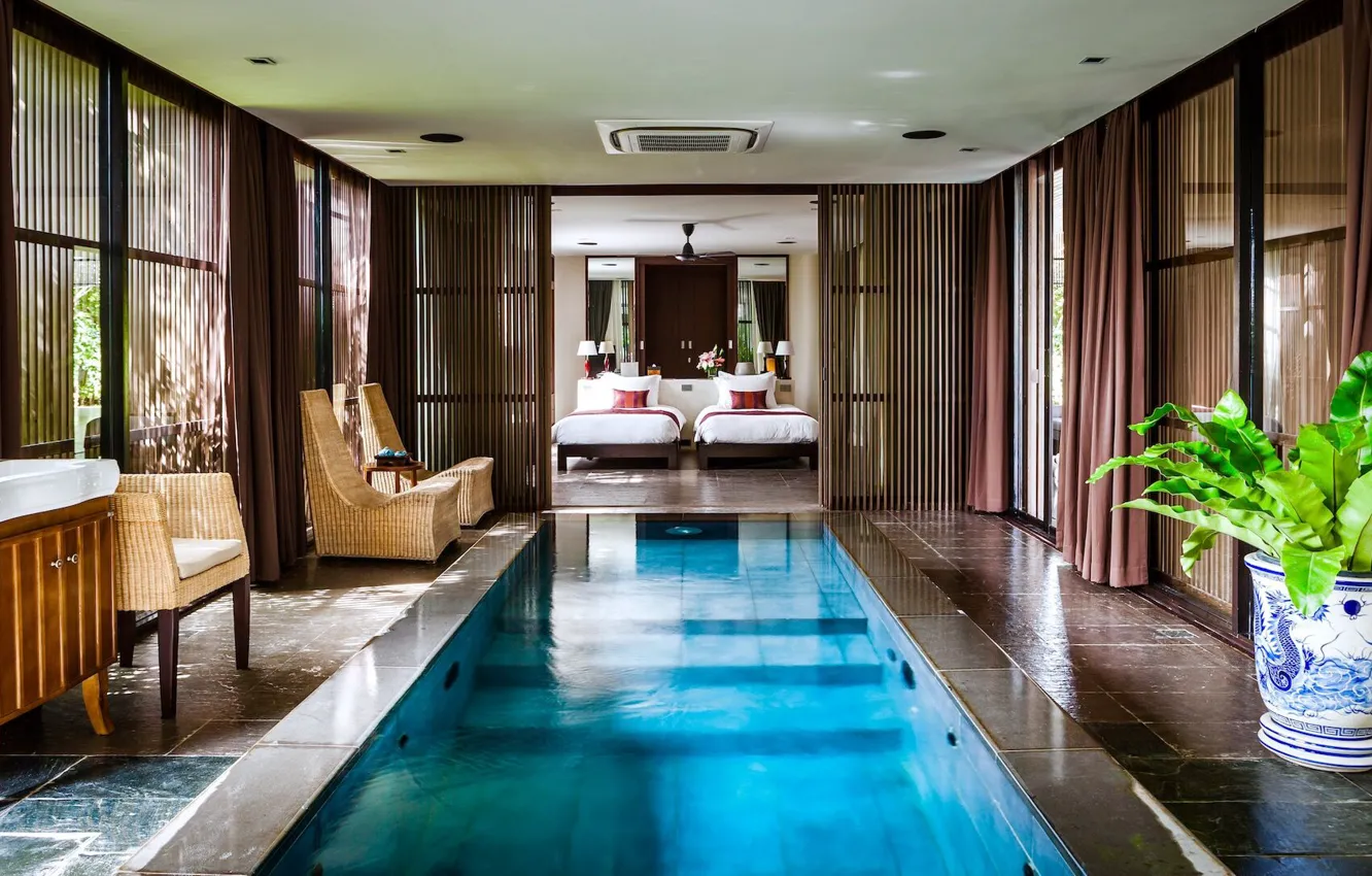 Фото обои вилла, интерьер, бассейн, Таиланд, Thailand, курорт, спальня, Koh Samui
