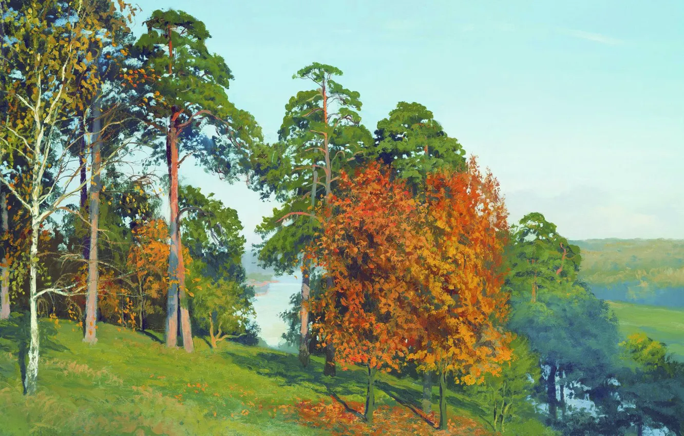 Фото обои деревья, озеро, поляна, масло, Холст, Начало осени, Андрей ГЕРАСИМОВ