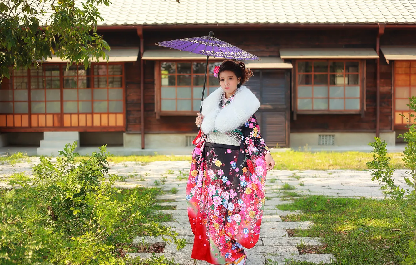 Фото обои лицо, зонтик, одежда, кимоно, азиатка