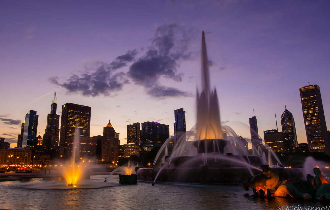 Фото обои небоскребы, вечер, Чикаго, фонтан, Иллиноис