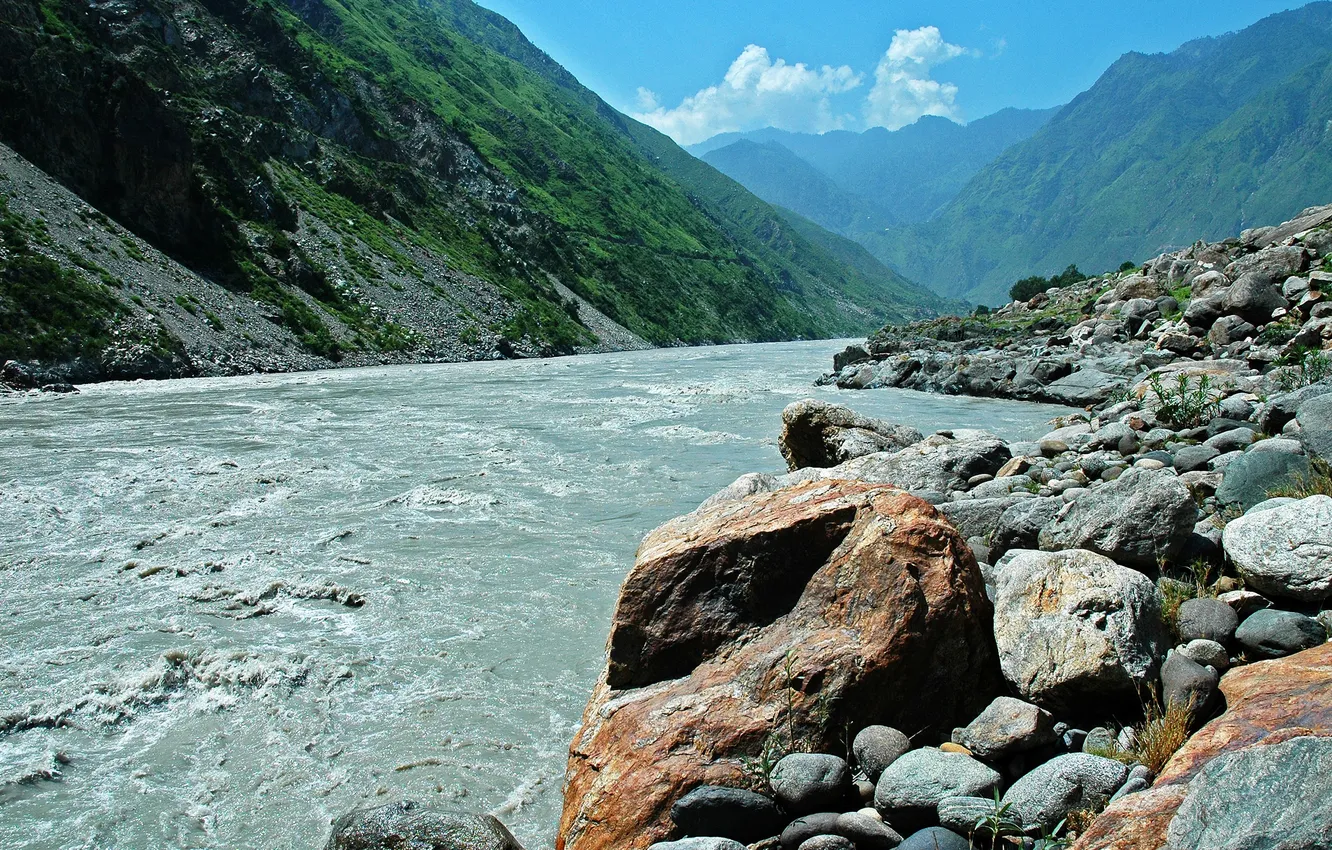 Фото обои river, water, mountains, rocks