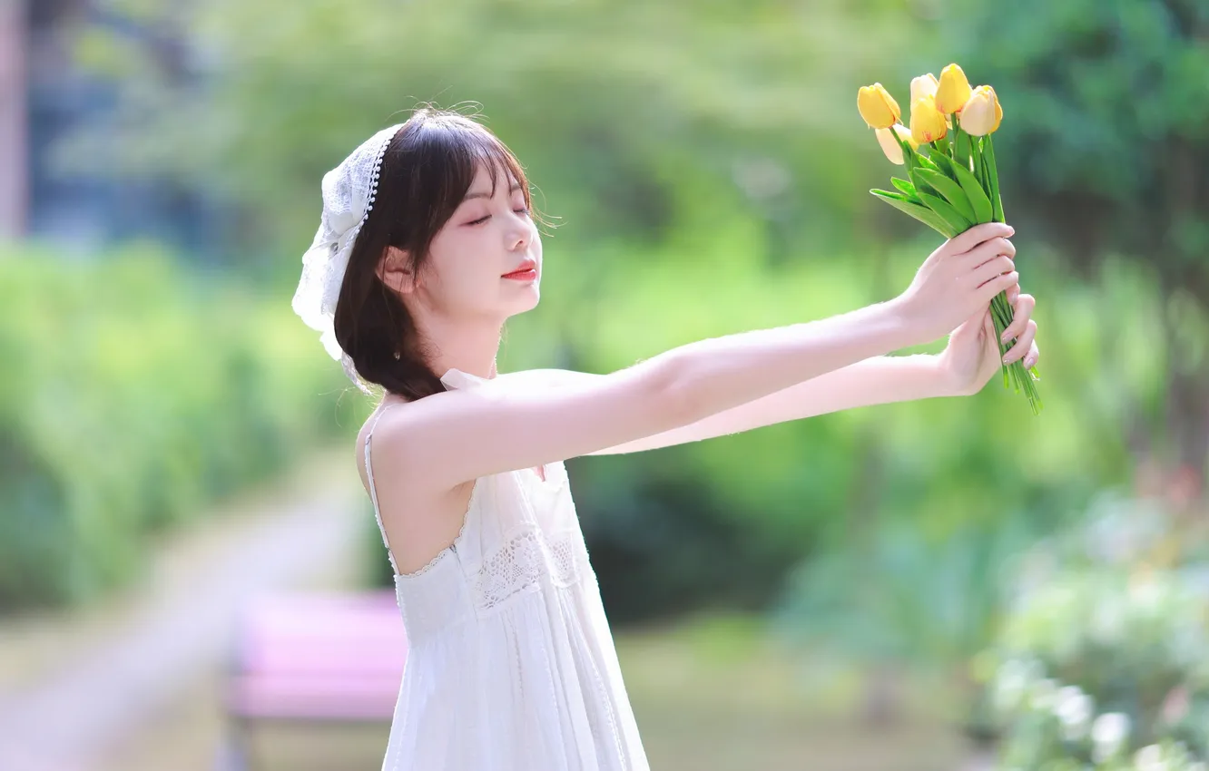 Фото обои Beautiful, Asian, Model, Flowers, Woman, Cute, Pretty, Sunny