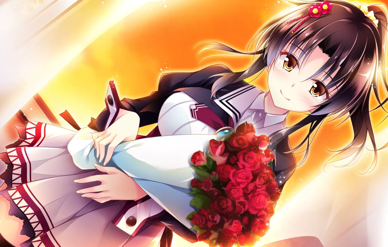 Фото обои улыбка, школьница, челка, visual novel, алые розы, букет из роз, by Masato Satofuji, Golden Marriage