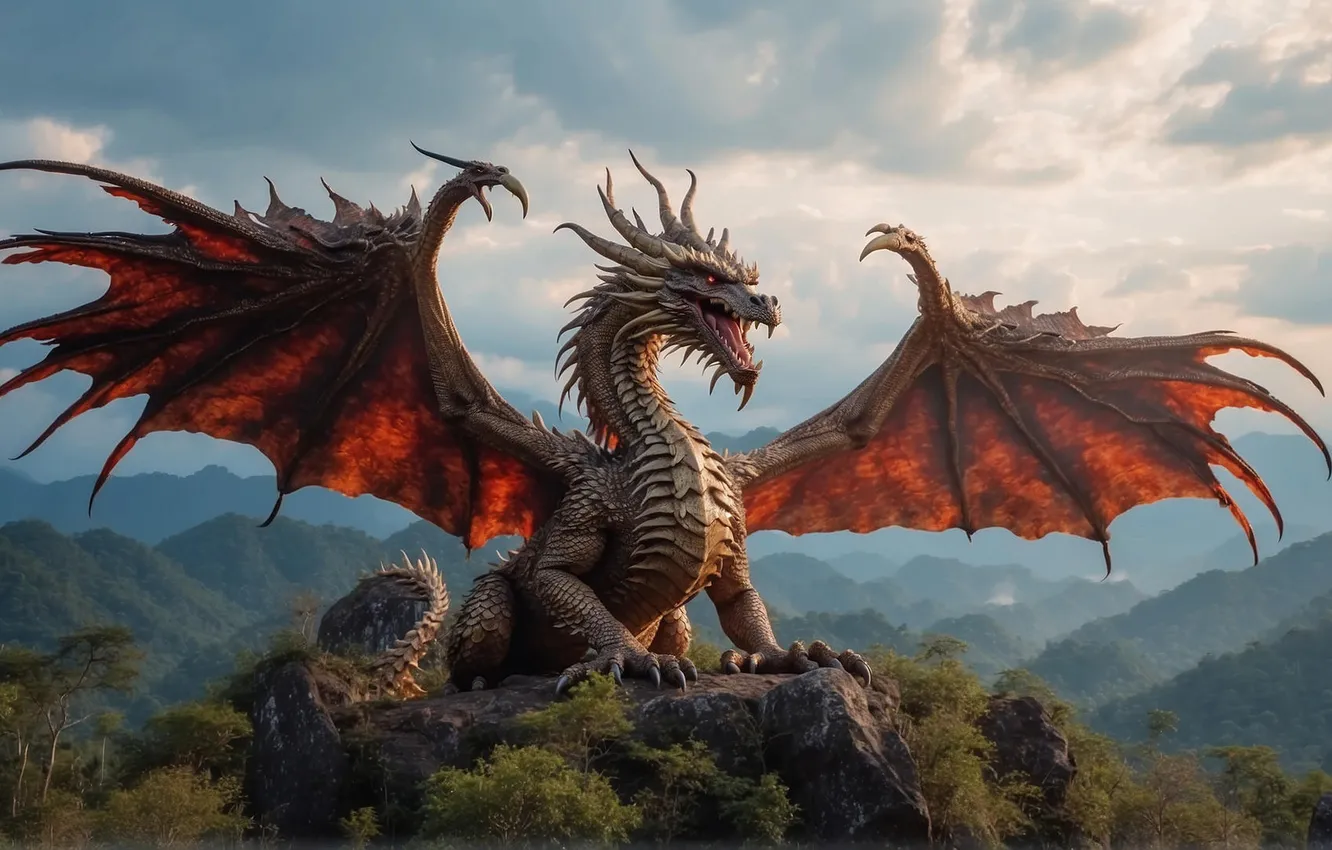 Фото обои небо, горы, дракон