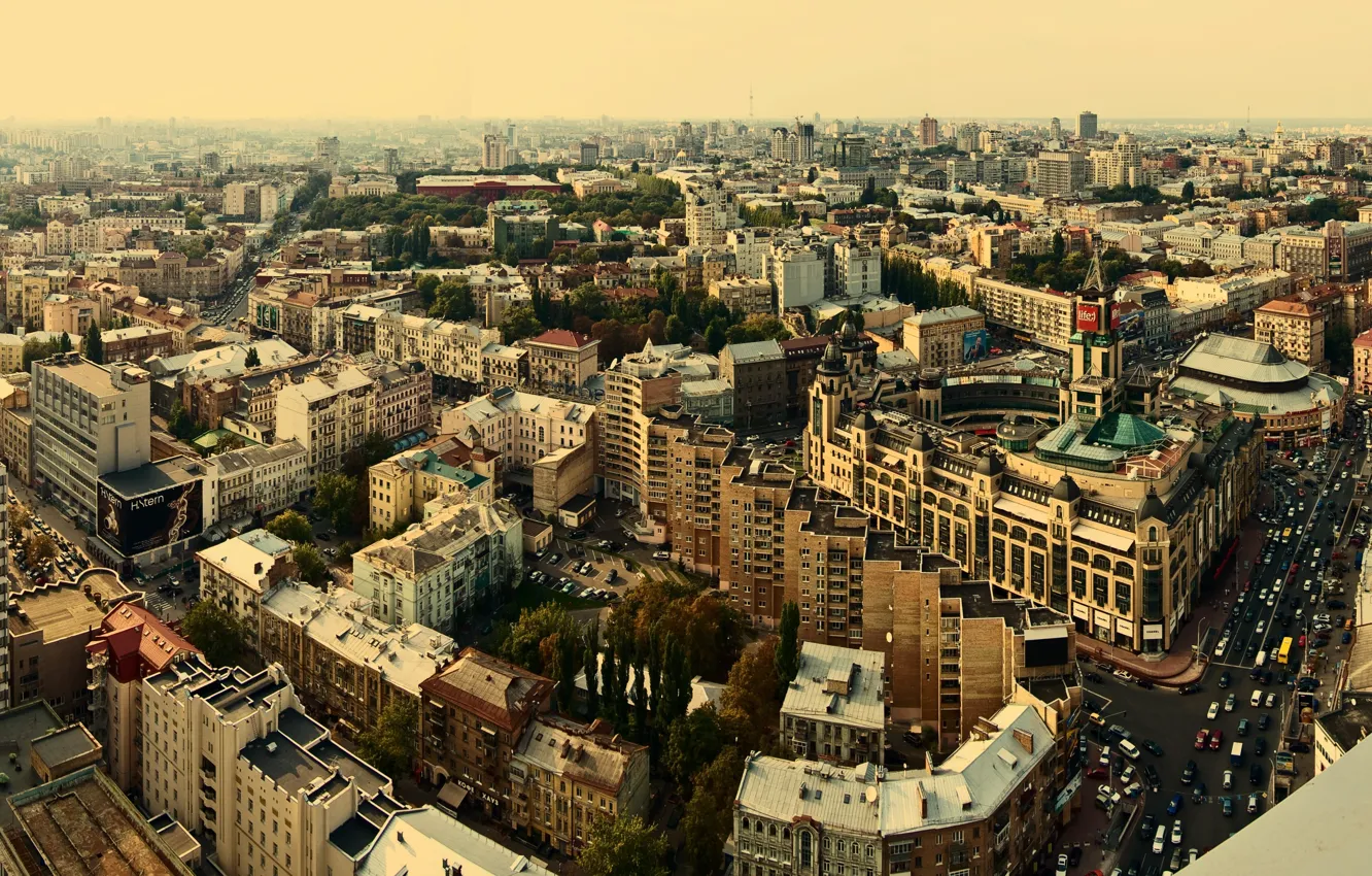 Фото обои Дома, Вечер, Фото, Авто, Город, Деревья, Горизонт, Панорама