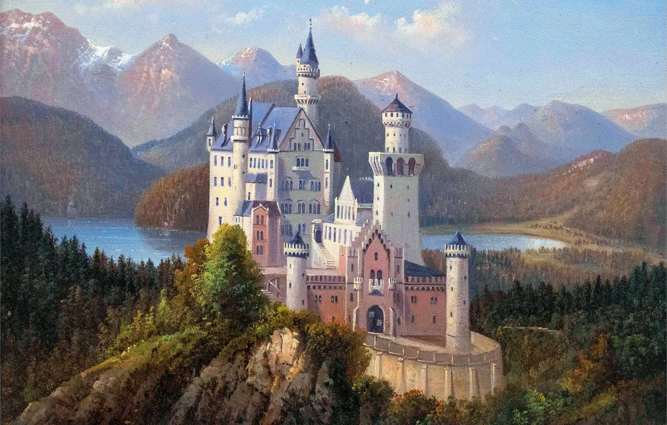 Фото обои Горы, Деревья, Германия, Замок, Бавария, Картина, Germany, Нойшванштайн
