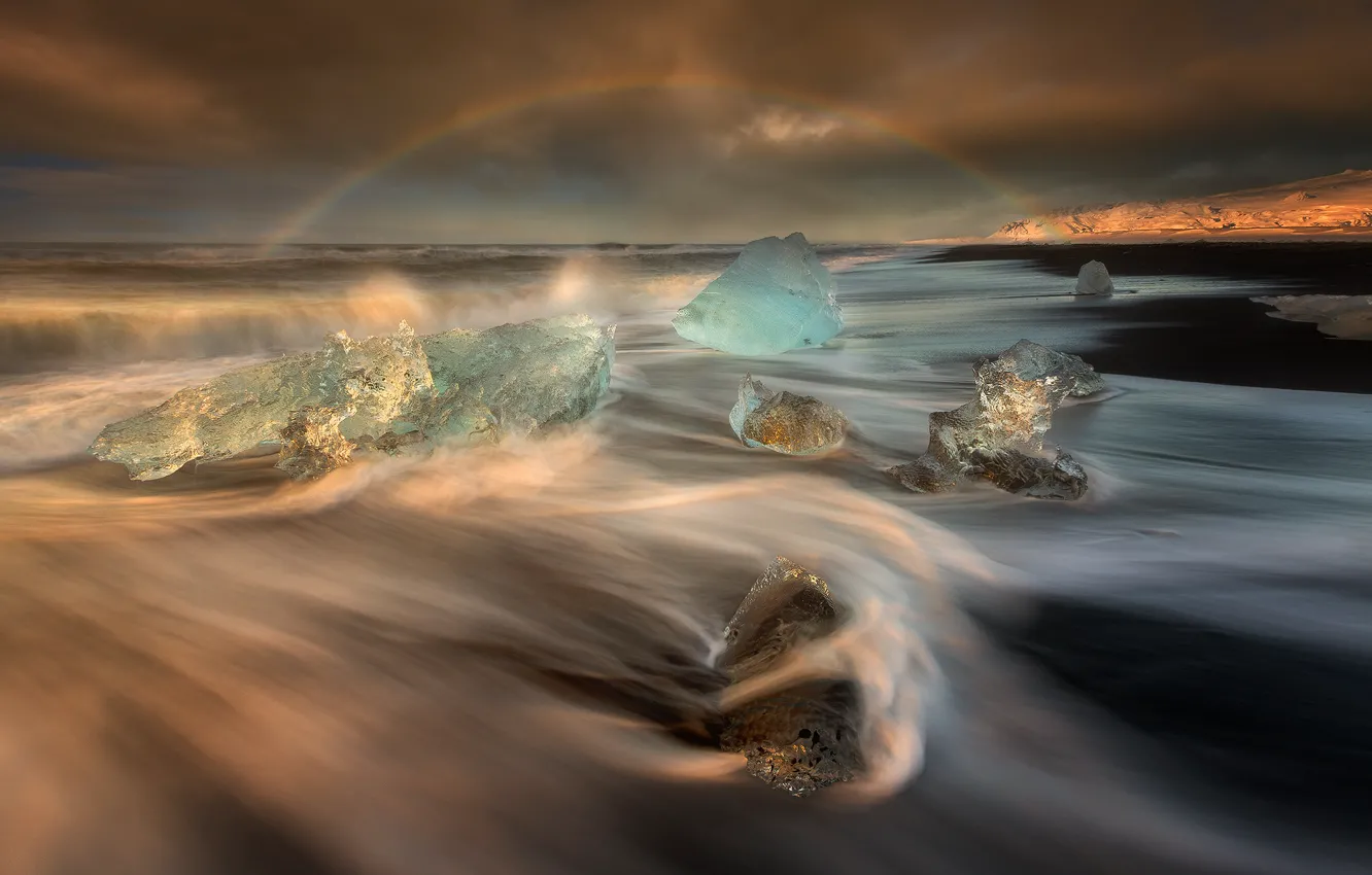 Фото обои море, волны, пляж, свет, лёд, радуга, выдержка, Исландия