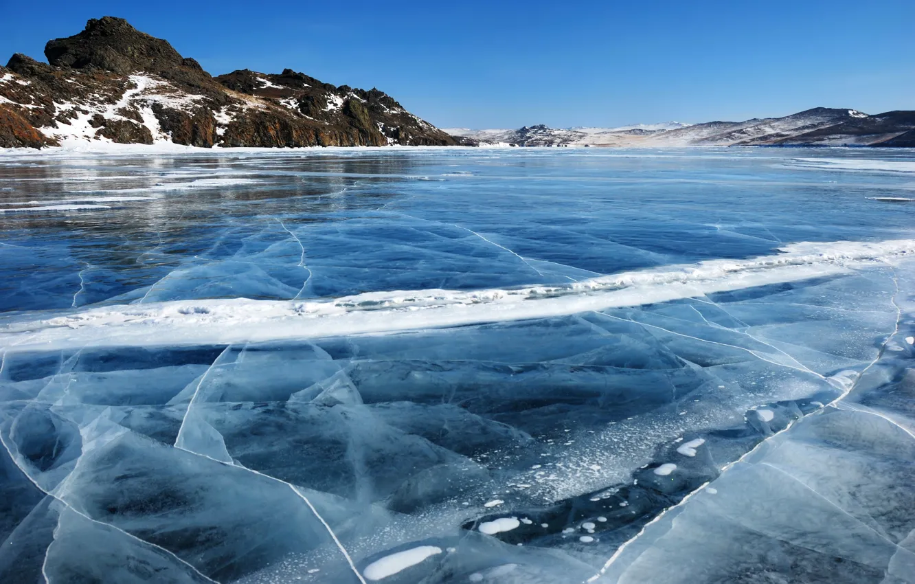 Фото обои лед, зима, снег, озеро, берег, Байкал, Россия, Baikal