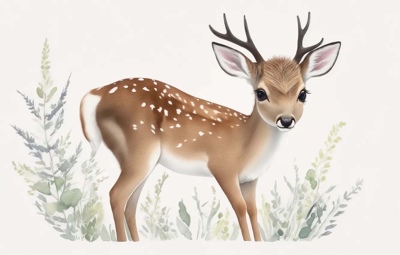 Фото обои рисунок, олень, акварель, милый, олененок, пятнистый, cute, deer