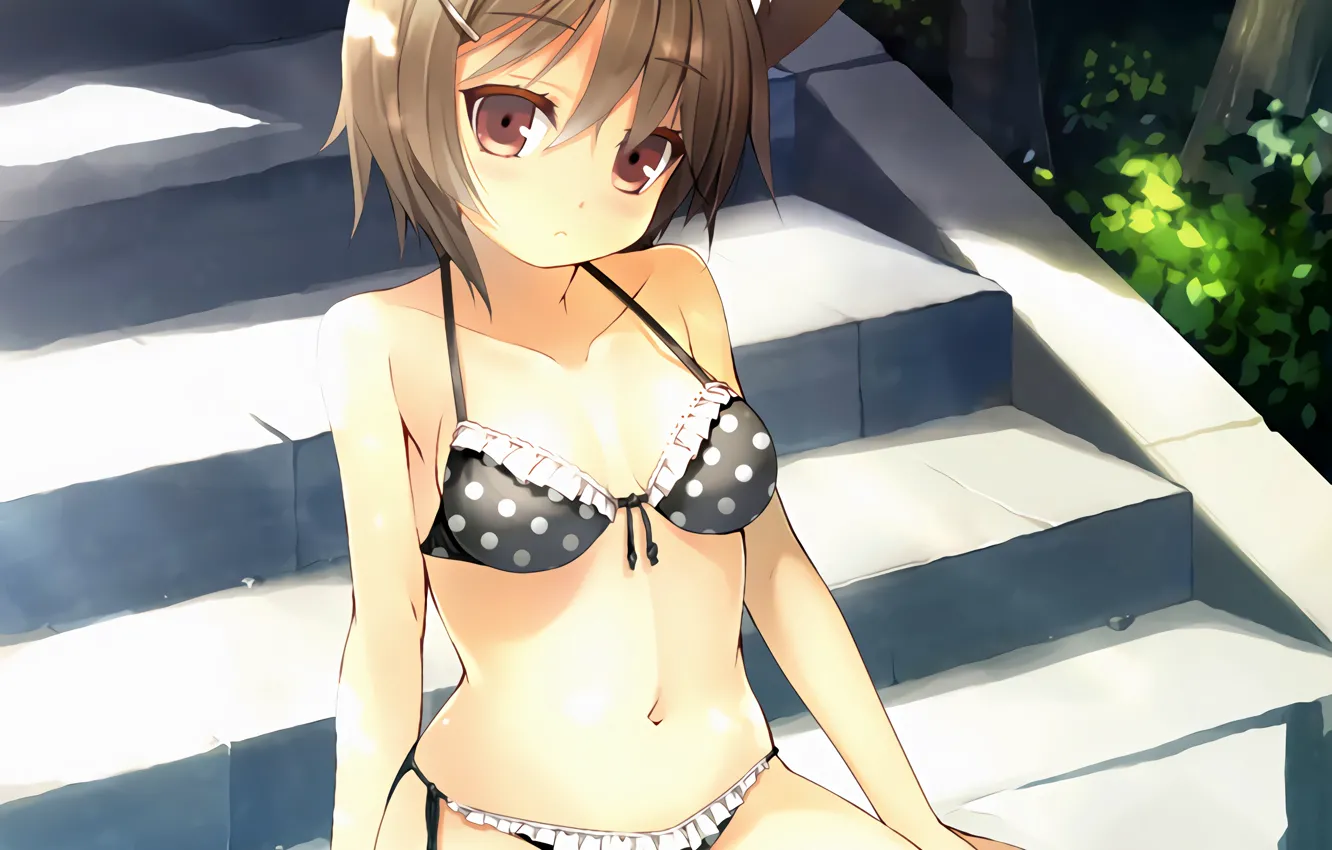 Фото обои girl, sexy, cleavage, brown hair, brown eyes, boobs, animal ears, anime