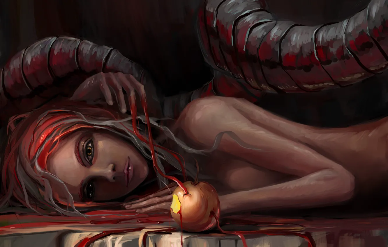 Фото обои кровь, яблоко, арт, змей, ева