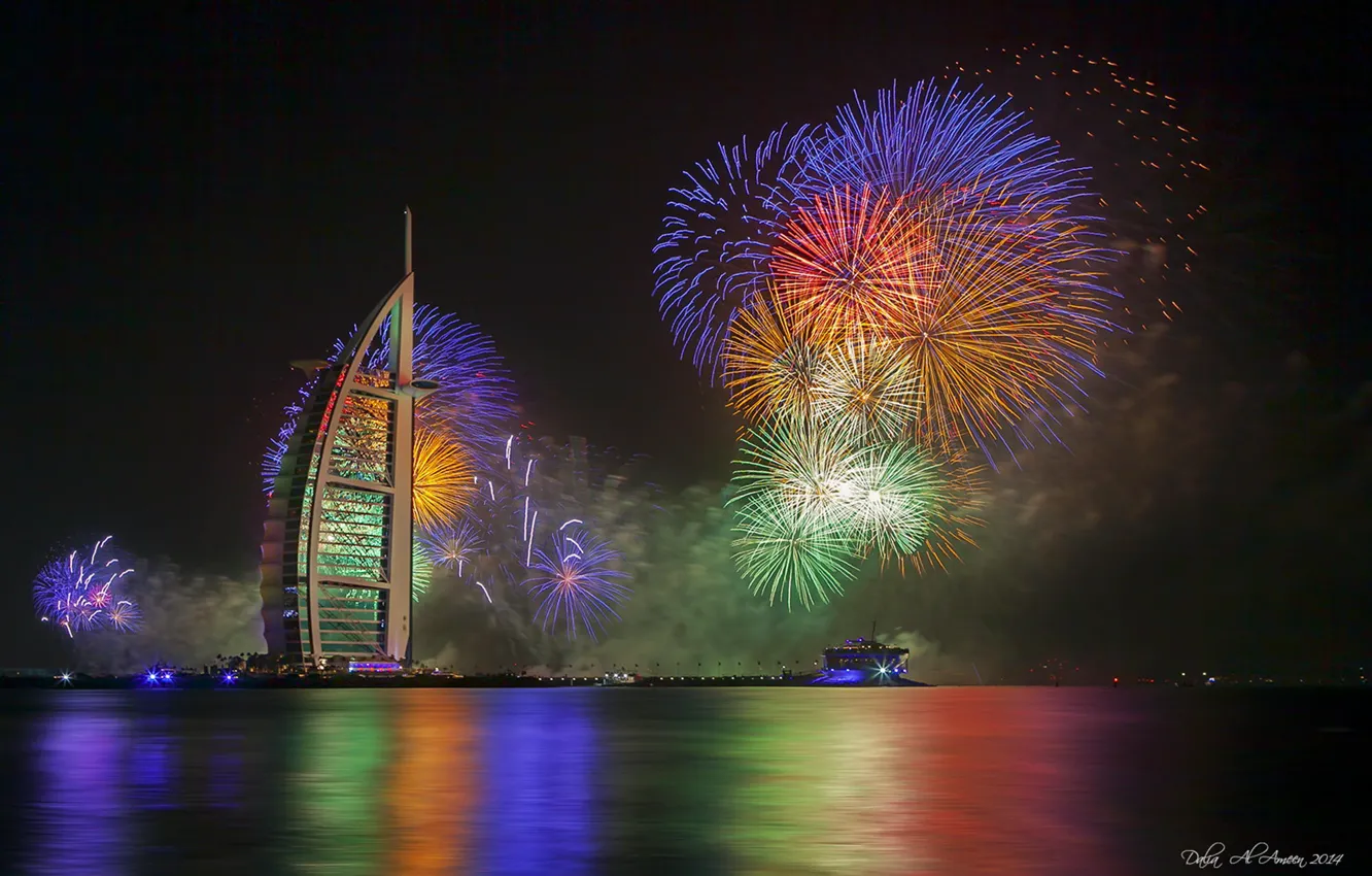 Фото обои ночь, огни, новый год, Дубаи, фейерверк, отель, ОАЭ, Burj Al Arab