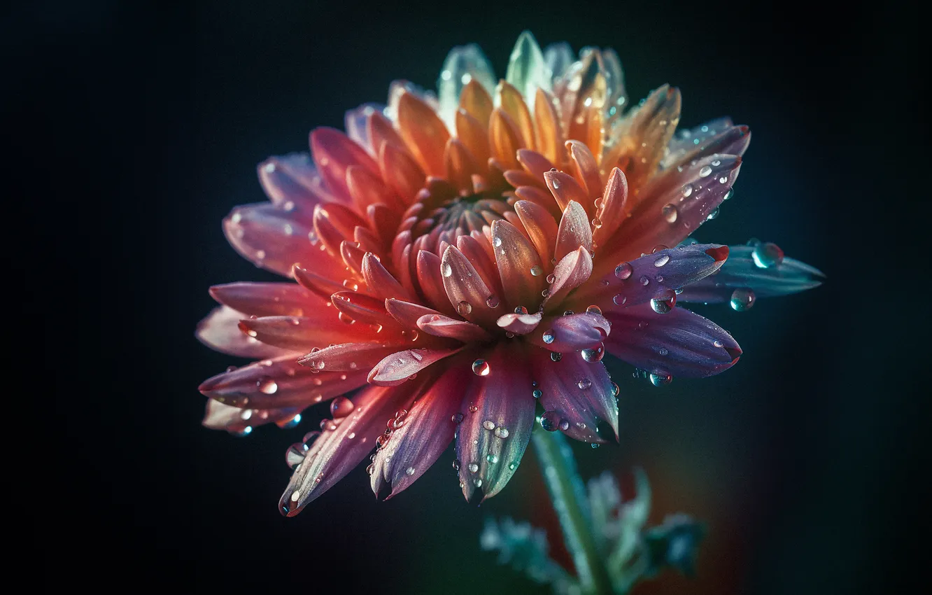 Фото обои Flowers, Chrysanthemum, Digital flower, Bokeh Background, Dew Drops