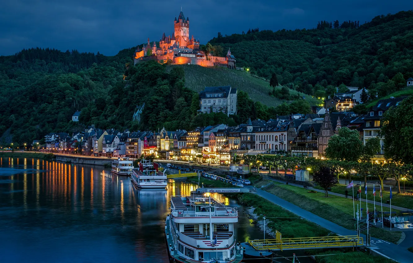 Фото обои река, замок, пристань, дома, Германия, ночной город, Germany, Кохем