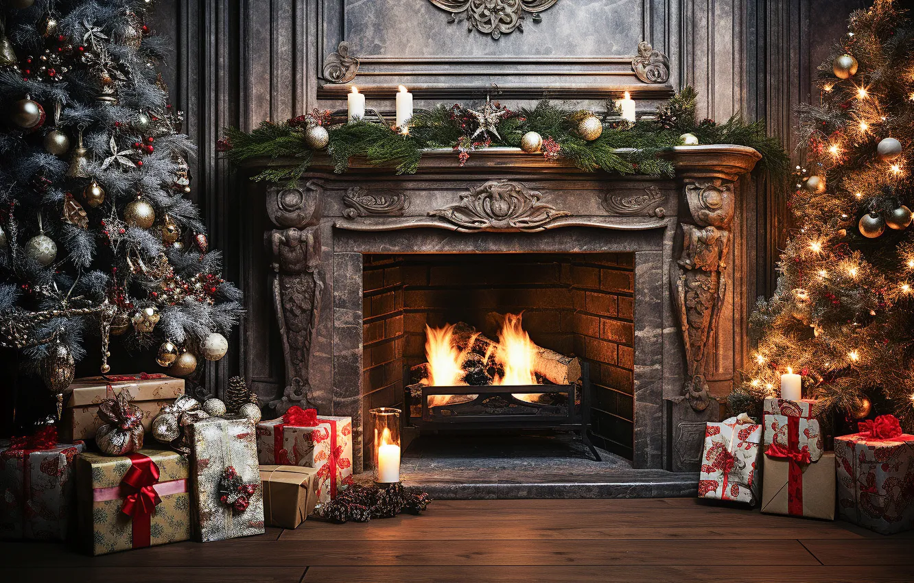 Фото обои елка, интерьер, Рождество, подарки, Новый год, камин, Christmas, interior