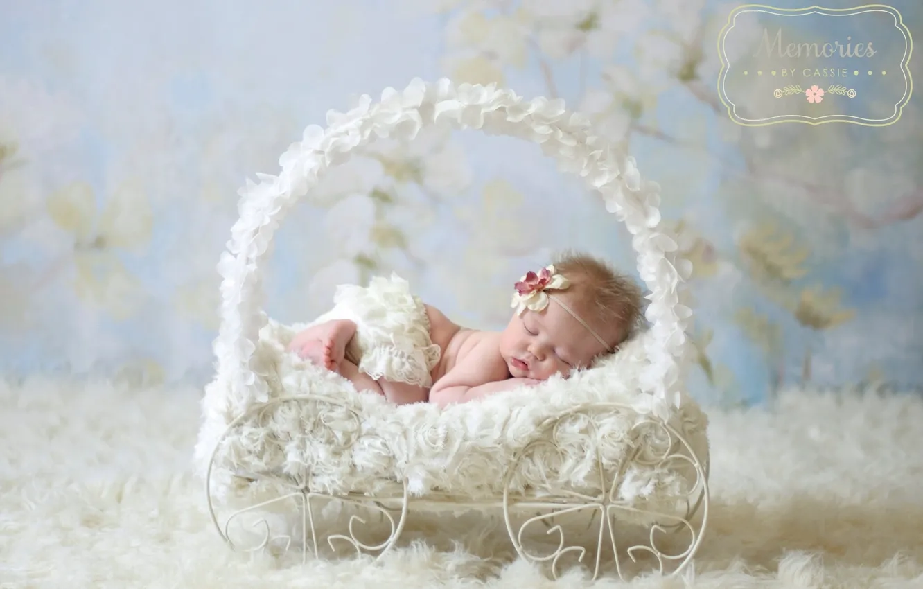 Фото обои сон, девочка, коляска, мех, бантик, младенец