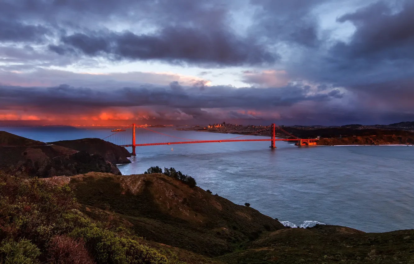 Фото обои закат, мост, природа, Golden Gate