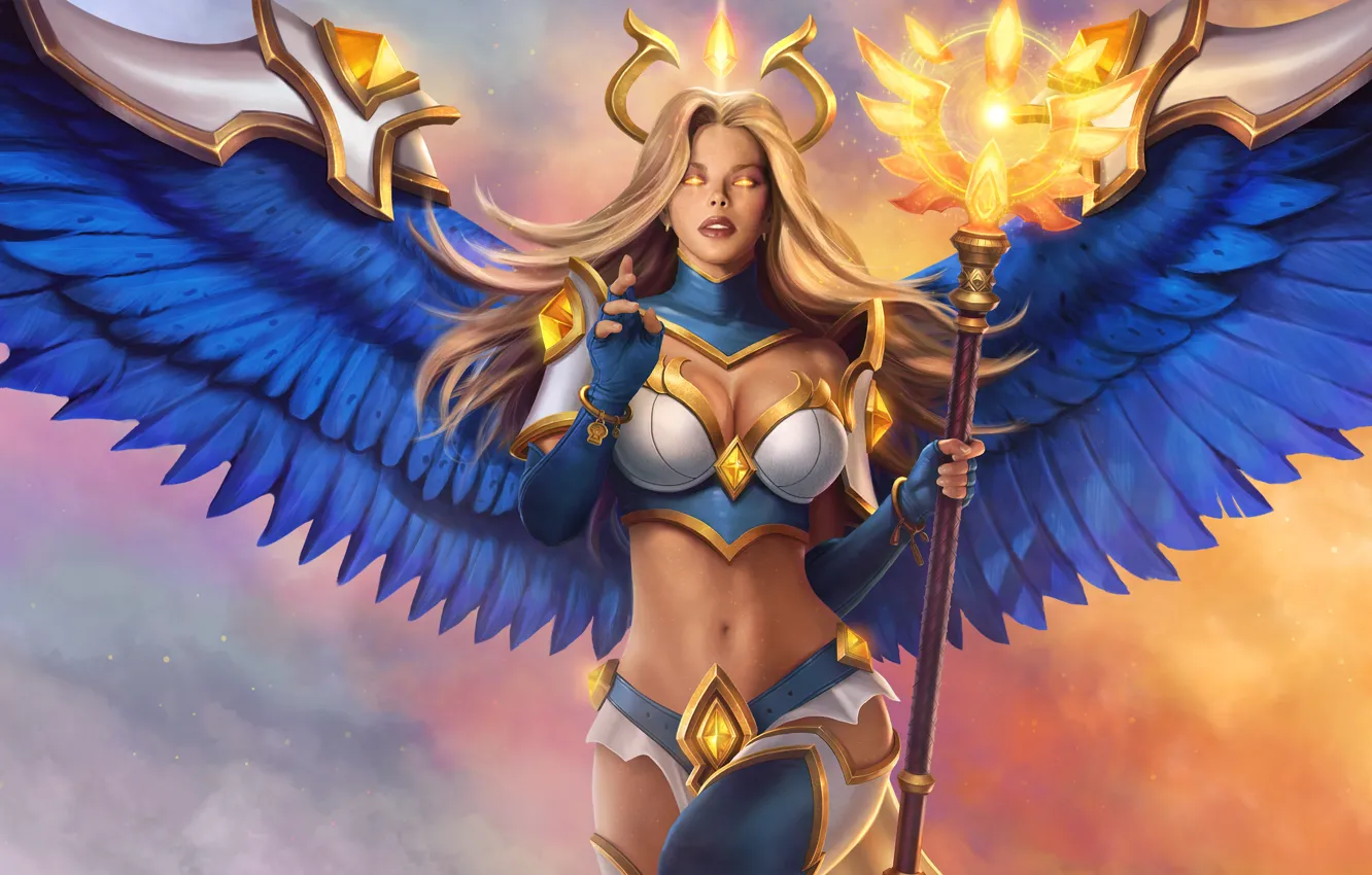 Фото обои игра, крылья, ангел, посох, воительница, Juggernaut Wars, Ангелина Миресида