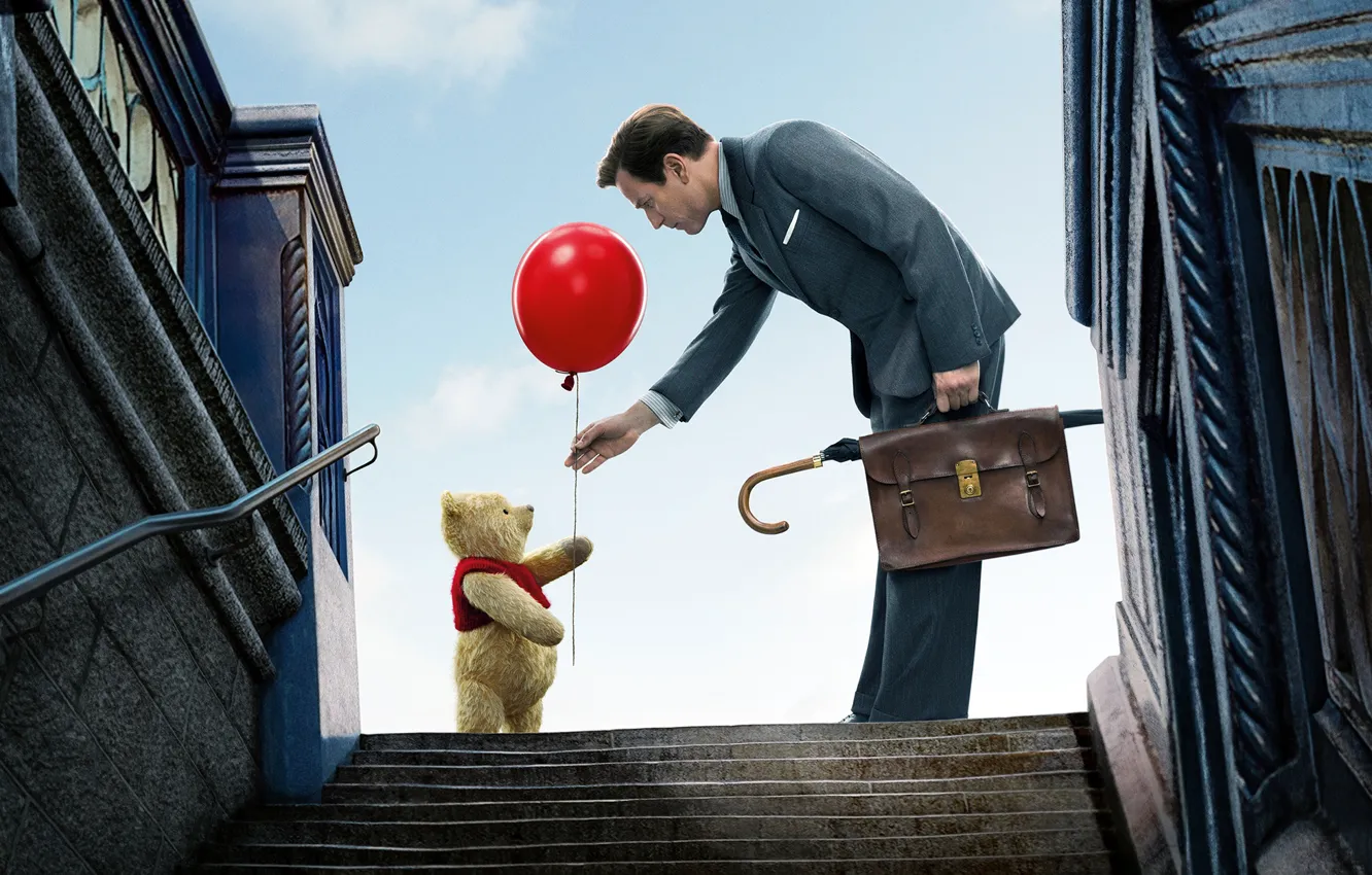 Фото обои красный, зонтик, мультфильм, мишка, костюм, лестница, ступени, медвежонок