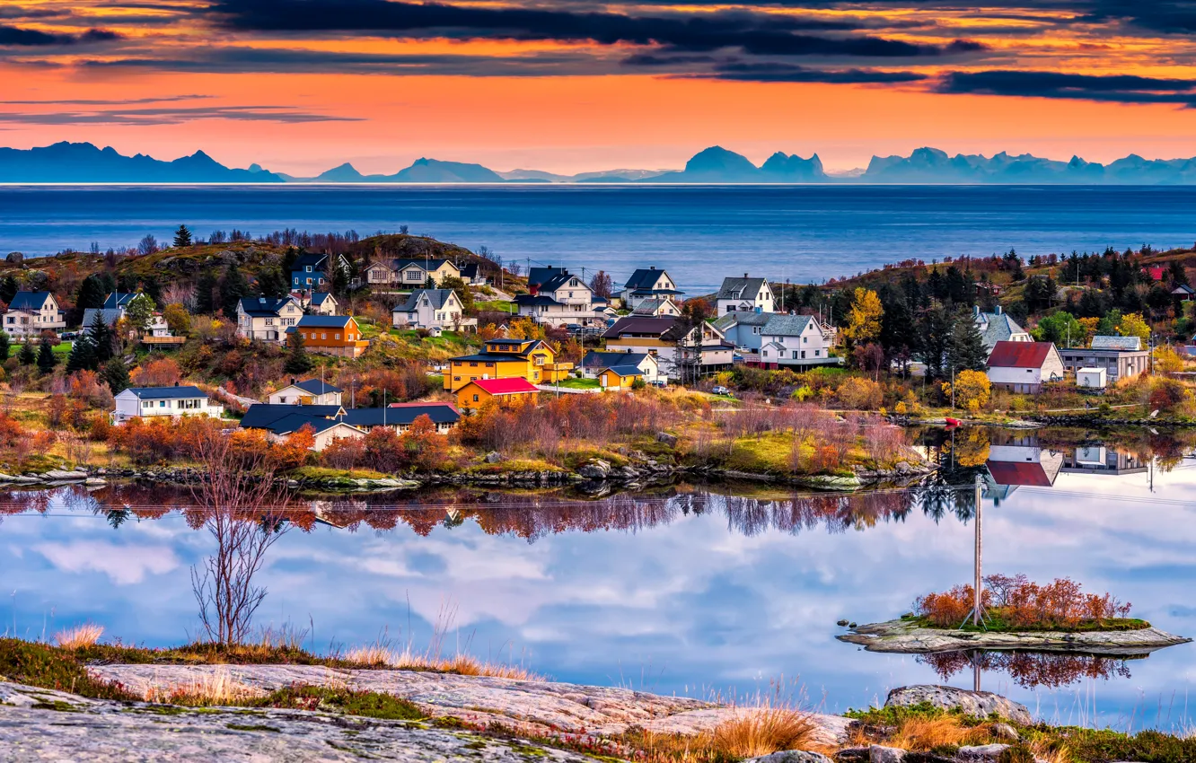 Фото обои закат, Норвегия, посёлок, Лофотенские острова
