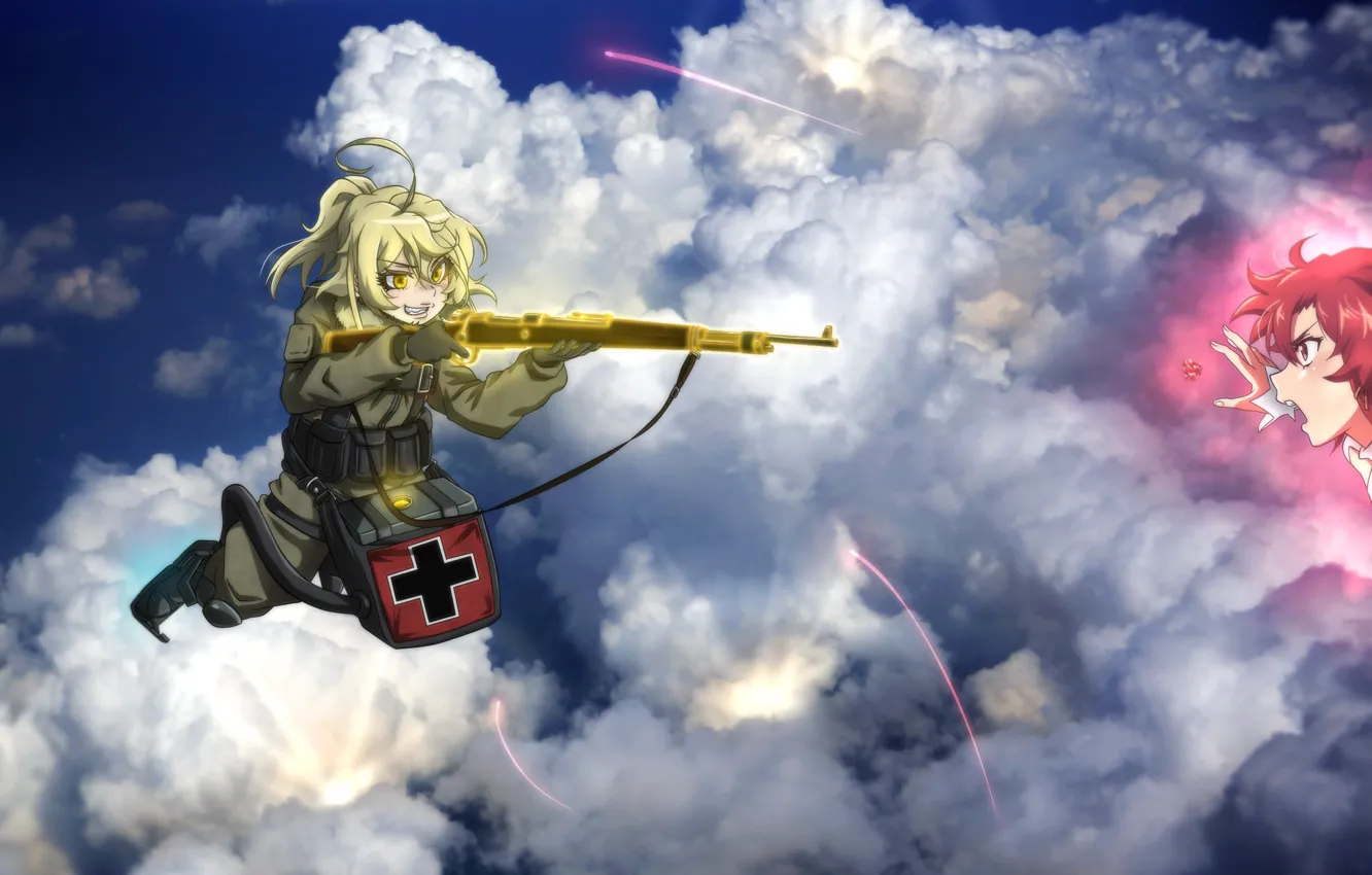 Фото обои girl, soldier, sky, military, weapon, war, anime, cloud
