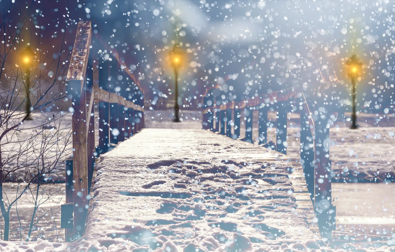 Фото обои фото, Зима, Мост, Ночь, Город, Снег, Парк, Уличные фонари