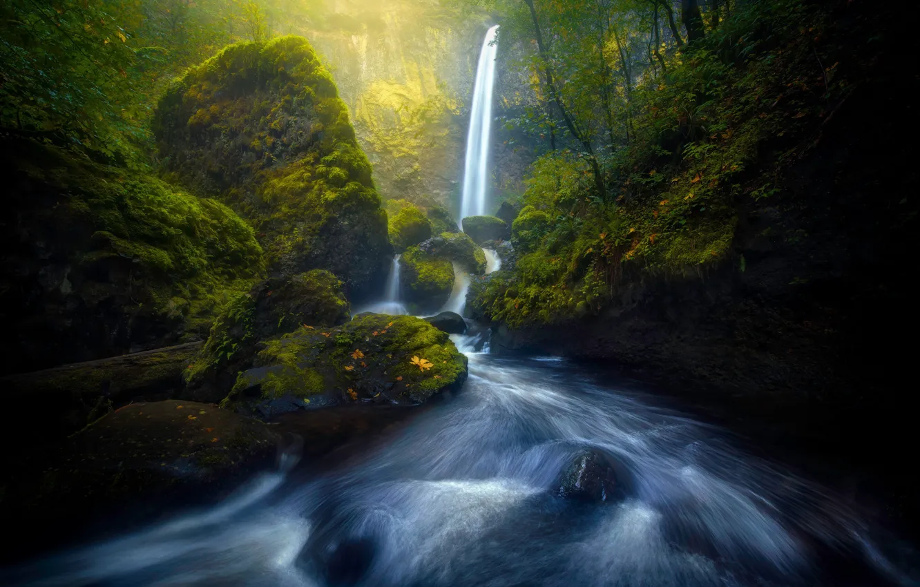 Фото обои осень, свет, природа, река, скалы, листва, водопад, поток