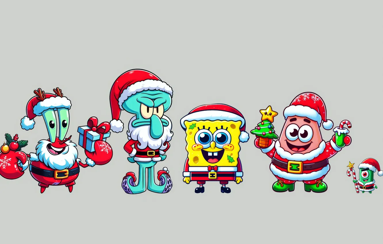 Фото обои Патрик, Patrick, Squidward, Рождество с Губкой Бобом, Christmas with SpongeBob, Сквидвардом, Mr. Krabs and Plankton, …