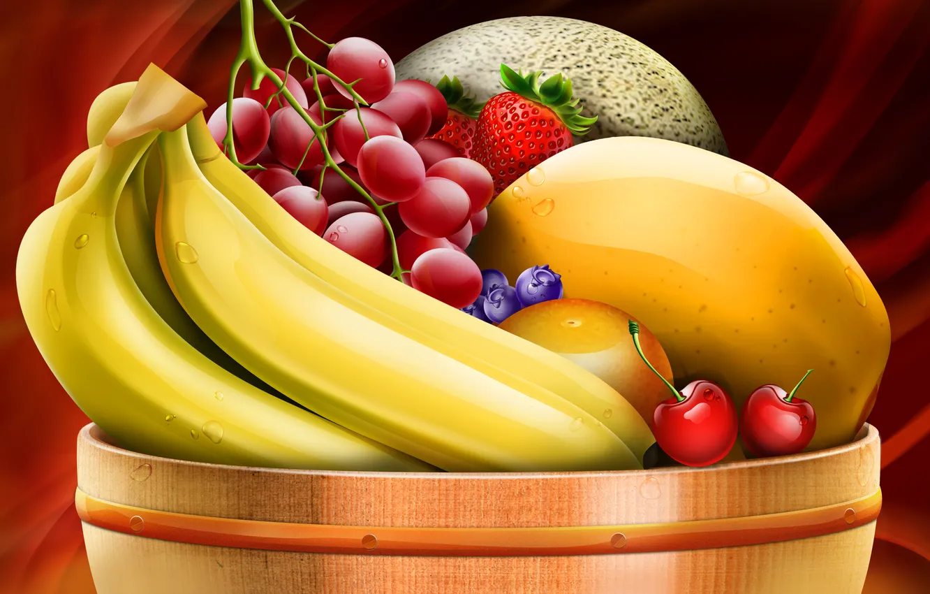 Фото обои еда, ягода, ваза, фрукты, банан