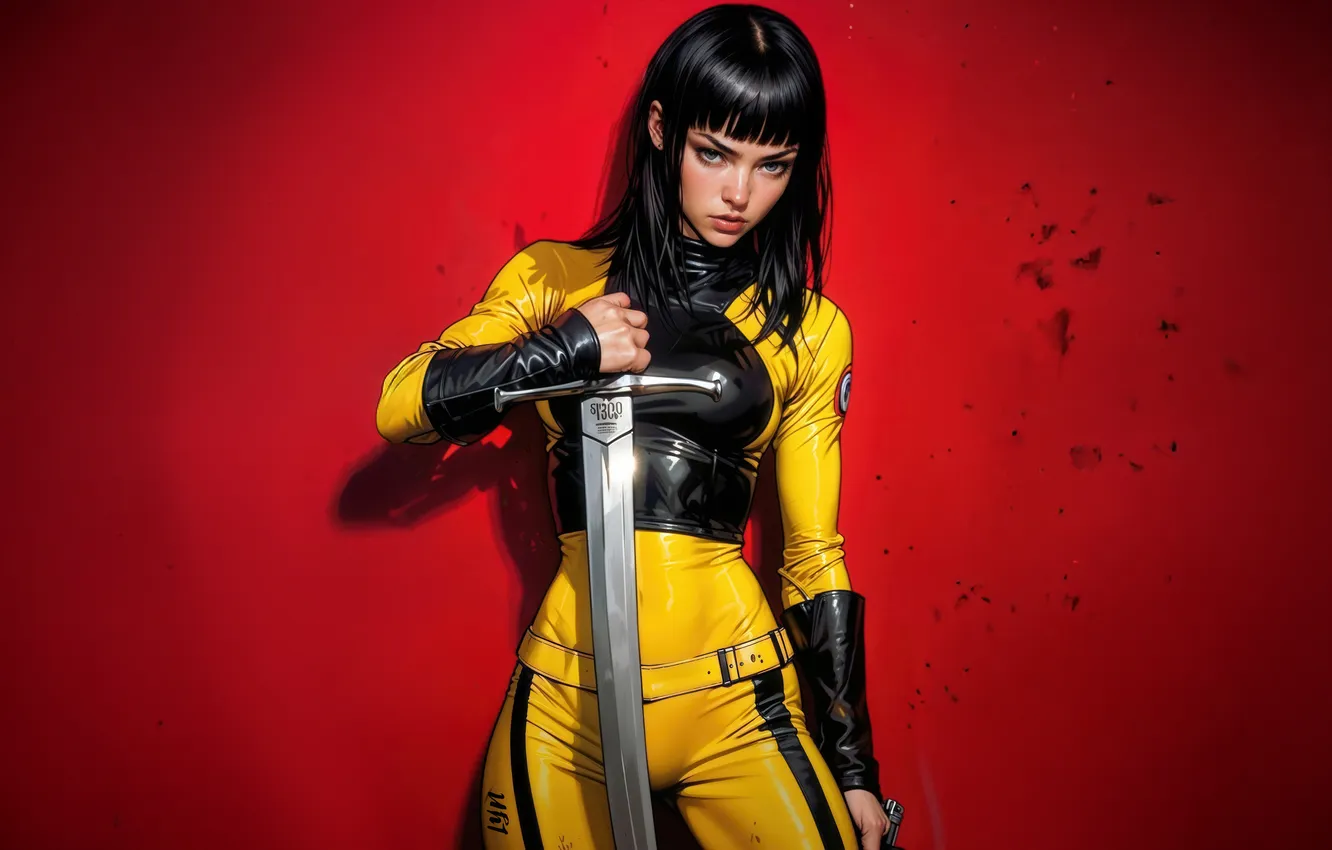 Фото обои Girl, Kill Bill, Katana, Sword, Black Hair, Red Background, Anime Girl